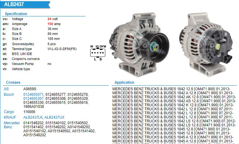 AL2534R1- M/ ACT 24V 150A LONG FOUNDATION HD  ALTERNATOR