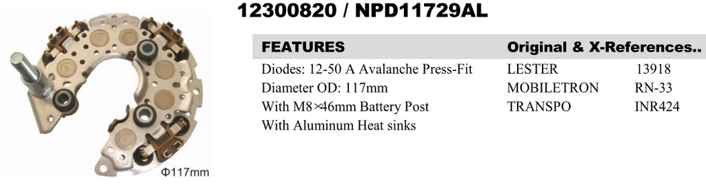 REC1808LDU-M8   - TOYOTA 117MM M8 UP/BOLT BIG RECTIFIER PL