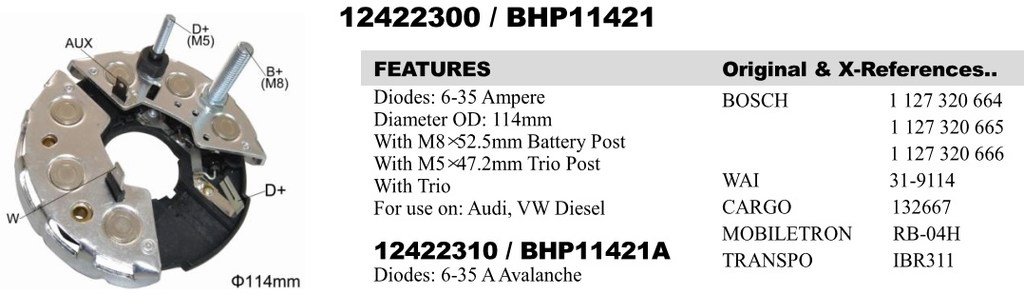 REC203GW   - BSH 27A 114MM 2BOLT+2PIN RECTIFIER