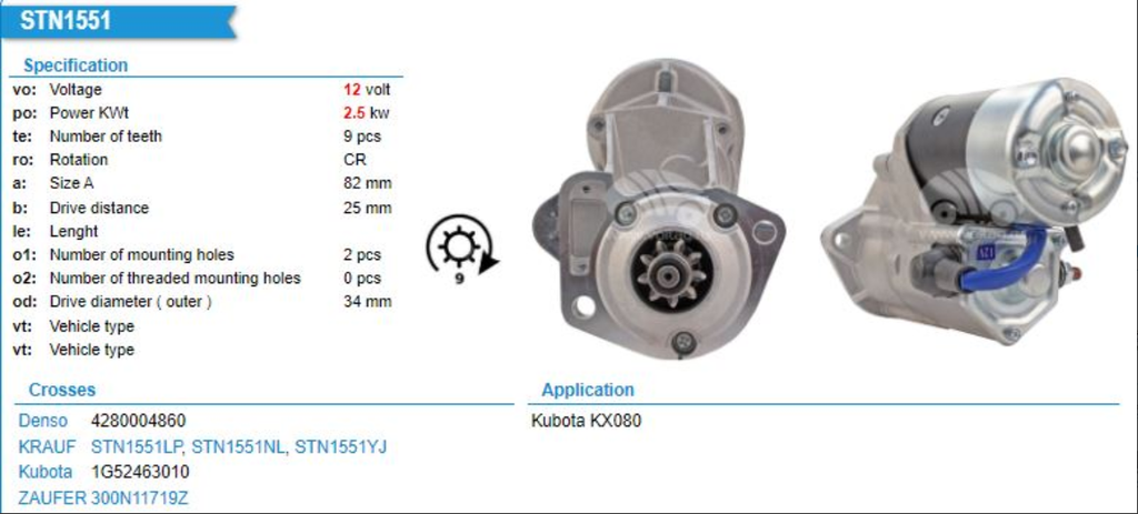 ST1450R1- KUBOTA ND 12V 9T KAESER COMPR. STARTER