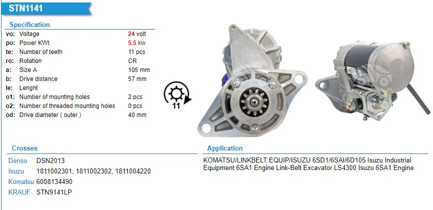 ST2378PL   - IZU 6SA1 ND LONG 24V 11T STARTER MOTOR
