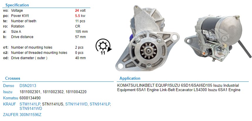 ST2378R-IZU 6SD1 ND LONG 24V 11T STARTER MOTOR