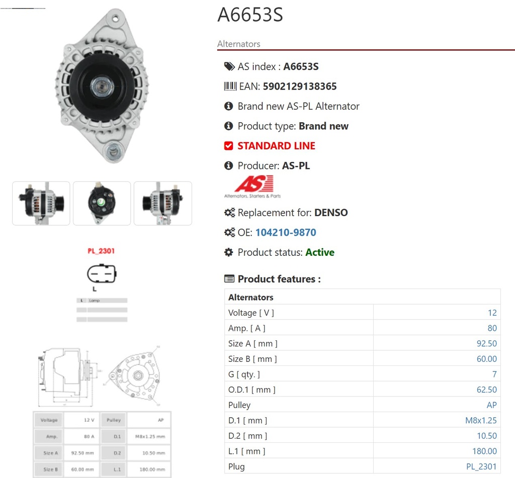 AL1808AP-1P-TOYOTA HILUX 12V 80A 1PIN 7PK+CLUTCH PULLEY ALTERNATOR