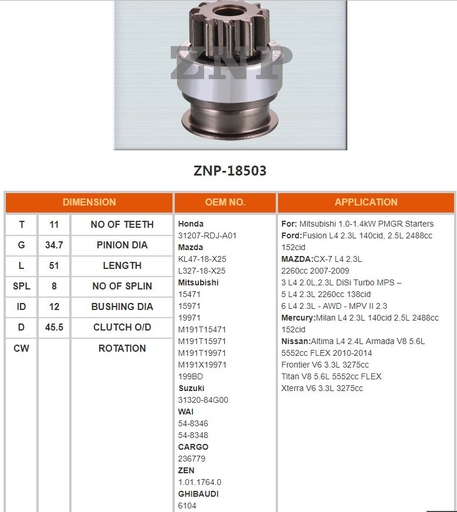 [SD1550R1] SD1550R1-MITS L200 11T SMALL GEAR BENDIX ASSEMBLY