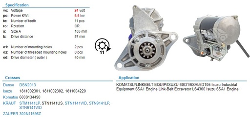 [ST2378R] ST2378R-IZU 6SD1 ND LONG 24V 11T STARTER MOTOR