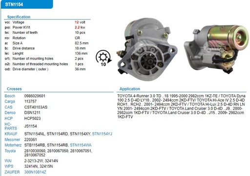 [ST1875R] ST1875R-TOYOTA 3L/L/CRUISER 12V 10T STARTER MOTOR