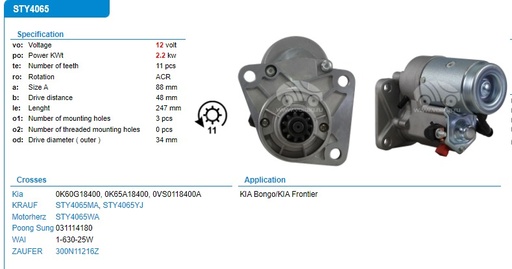 [ST1420R] ST1420R-KA PREGIO 12V 11T CCW 3B LHO STARTER MOTOR