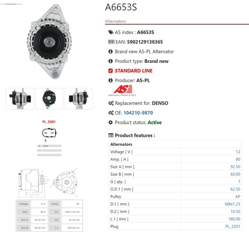 [AL1808AP-1P] AL1808AP-1P-TOYOTA HILUX 12V 80A 1PIN 7PK+CLUTCH PULLEY ALTERNATOR