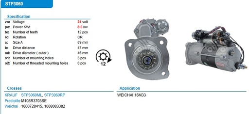 [ST2234R] ST2234R-CNA WEICHAI 16M33 24V 12T OEM-STARTER MOTOR